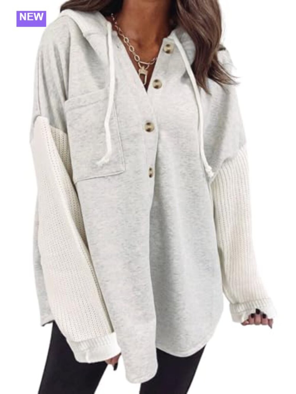 Oversized Hooded Sweatshirt Button Front Loose Fit Casual Long Sleeve